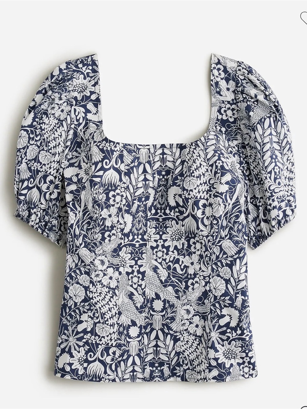 J Crew Navy & White Mermaid Floral Square-Neck CottonPuff Sleeve Top